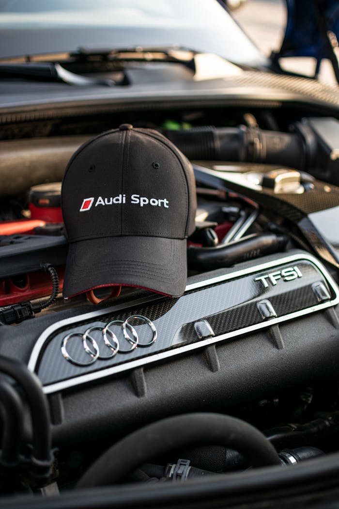 Black Audi Sport cap placed on a high-performance TFSI engine, close-up shot.